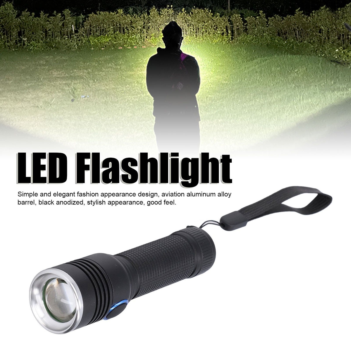 LED Flashlight Telescopic Zoom Protective Function Aluminum Alloy Barrel 2000LM Zoom FlashlightBlack