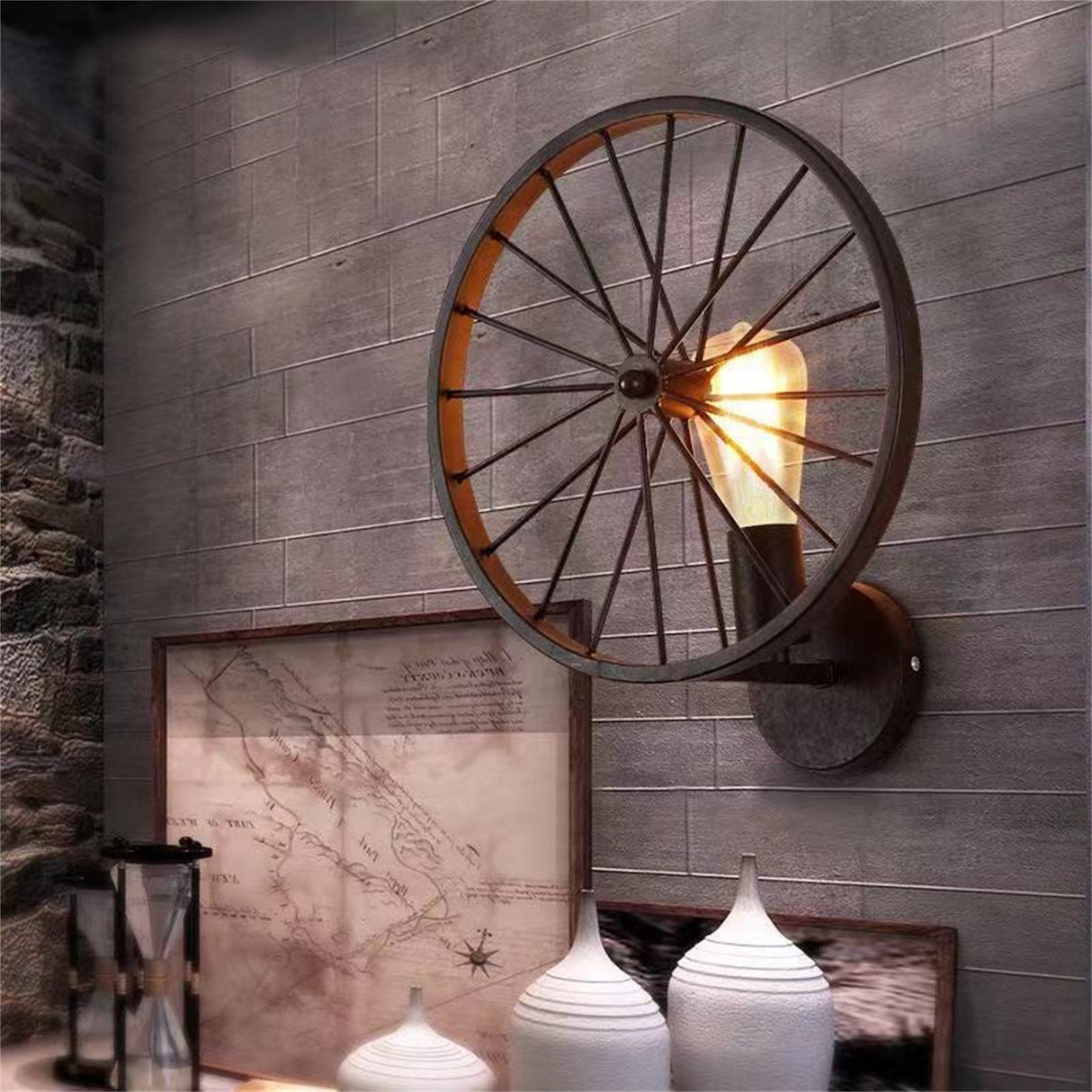 Wall Lamp Decorative Wheel Light Retro Industrial Style Iron for Balcony Corridor Black