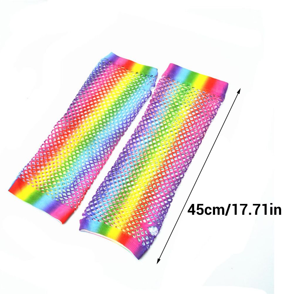 1 Pair Womens Shiny Rainbow Printed Net Gloves Hollow Out Bridal Fingerless Gloves for Wedding Party Dance Costume