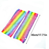 1 Pair Womens Shiny Rainbow Printed Net Gloves Hollow Out Bridal Fingerless Gloves for Wedding Party Dance Costume