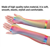 1 Pair Womens Shiny Rainbow Printed Net Gloves Hollow Out Bridal Fingerless Gloves for Wedding Party Dance Costume - Side View