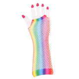 1 Pair Womens Shiny Rainbow Printed Net Gloves Hollow Out Bridal Fingerless Gloves for Wedding Party Dance Costume