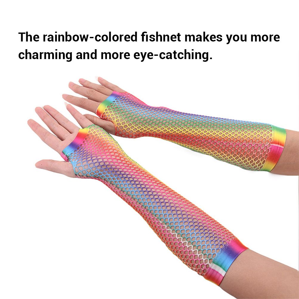 1 Pair Womens Shiny Rainbow Printed Net Gloves Hollow Out Bridal Fingerless Gloves for Wedding Party Dance Costume