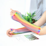 1 Pair Womens Shiny Rainbow Printed Net Gloves Hollow Out Bridal Fingerless Gloves for Wedding Party Dance Costume - Low Angle