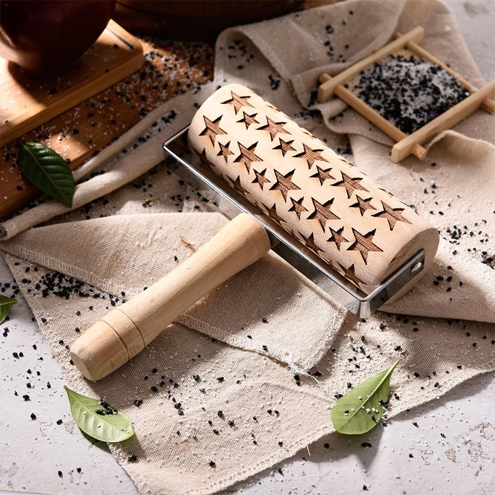 Snowflakes Elk Printing Rolling Pin Engraved Rolling Pin Hand Held Wooden Baking Tool