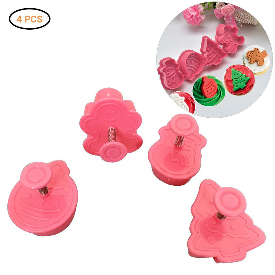 4 Pcs Christmas Biscuits Cutters Set Christmas Tree Snowman Gingerbread Egg Stamper Spring Loaded Handle Cutter