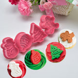 4 Pcs Christmas Biscuits Cutters Set Christmas Tree Snowman Gingerbread Egg Stamper Spring Loaded Handle Cutter