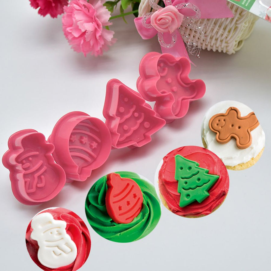 4 Pcs Christmas Biscuits Cutters Set Christmas Tree Snowman Gingerbread Egg Stamper Spring Loaded Handle Cutter