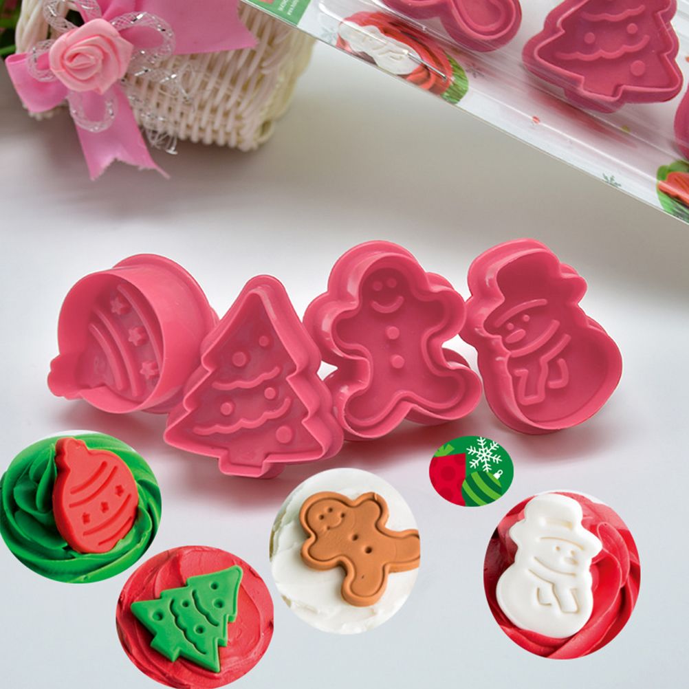 4 Pcs Christmas Biscuits Cutters Set Christmas Tree Snowman Gingerbread Egg Stamper Spring Loaded Handle Cutter