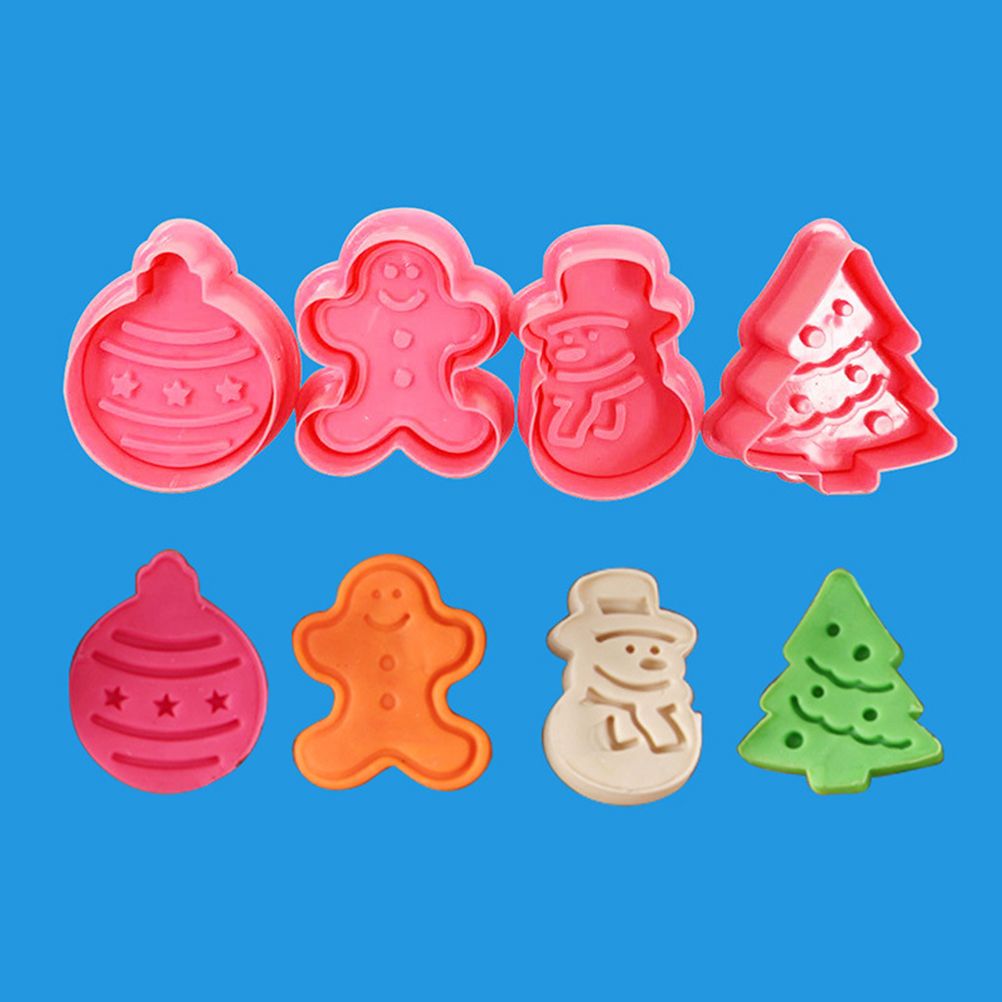 4 Pcs Christmas Biscuits Cutters Set Christmas Tree Snowman Gingerbread Egg Stamper Spring Loaded Handle Cutter