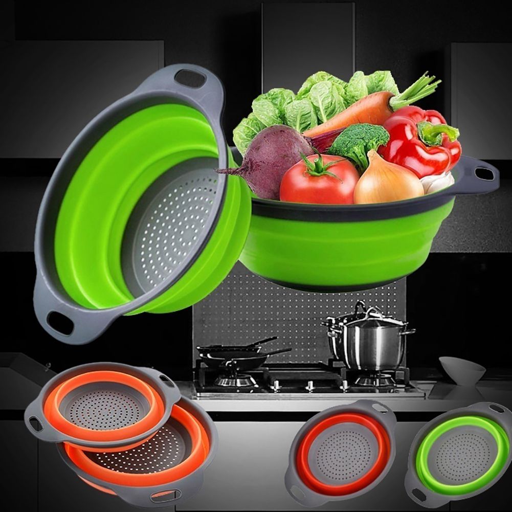 Foldable Kitchen Silicone Colander Fruit Vegetable Washing Basket Strainer Collapsible Drainer With Handle