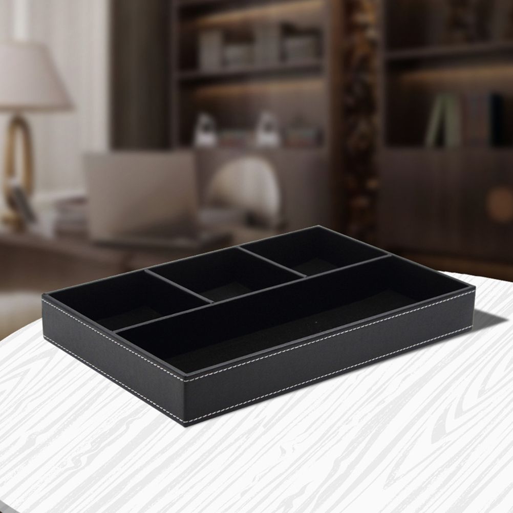 4 Compartments Leatherette Valet Tray Desk Dresser Top Organizer Box for Wallets Coins Keys and Jewelry