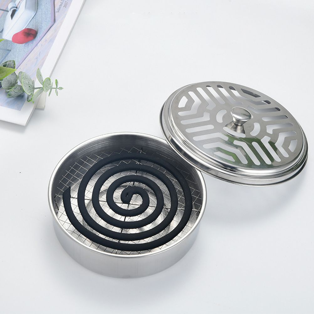 Round Mosquito Coil Holder Stainless Steel Mosquito Coil Disk Portable Mosquito Coil Tray with Hollow Cover