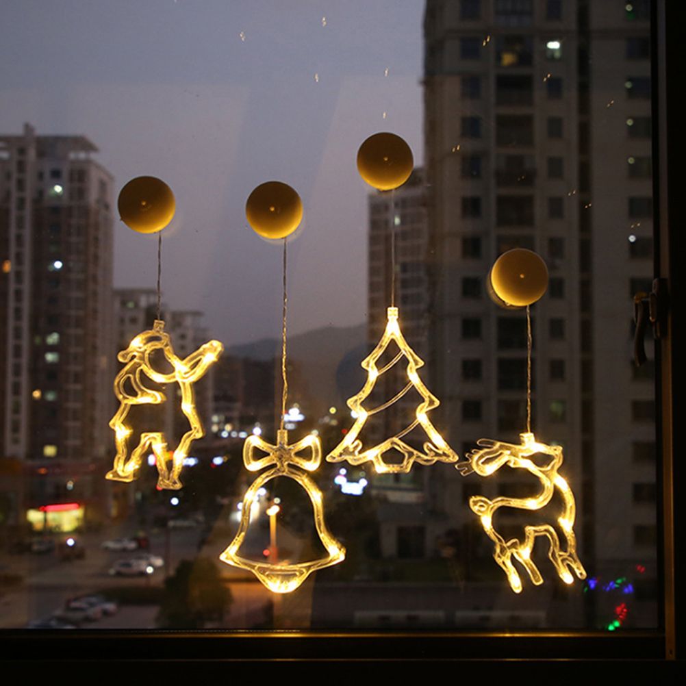 Window Sucker Holiday Lamp LED Christmas Trees Deer Bell Star Santa Hanging Garland Light Wall Decorative