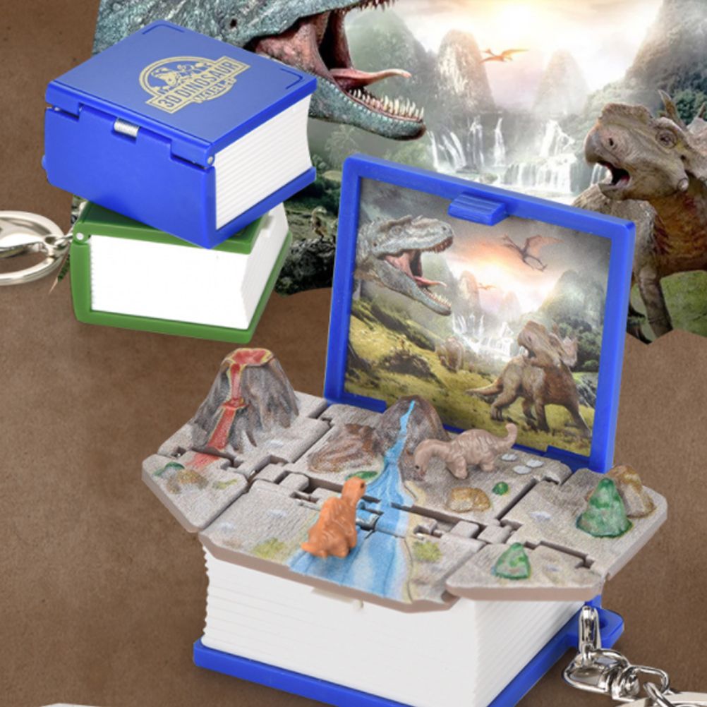 2Pcs Mini 3D Dinosaur Astronomy Book Keychains Miniature Book Keyring Purse Backpack Keychain Sensory Toy Stress Relief Toy for Kids Adults