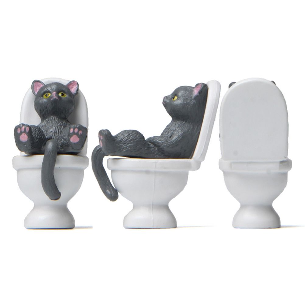 5Pcs Cat Sitting on Toilet Statues Mini Toilet Cat Figurines Desktop Ornaments Home Decor Cartoon Animal Garden Statues for Micro Landscape