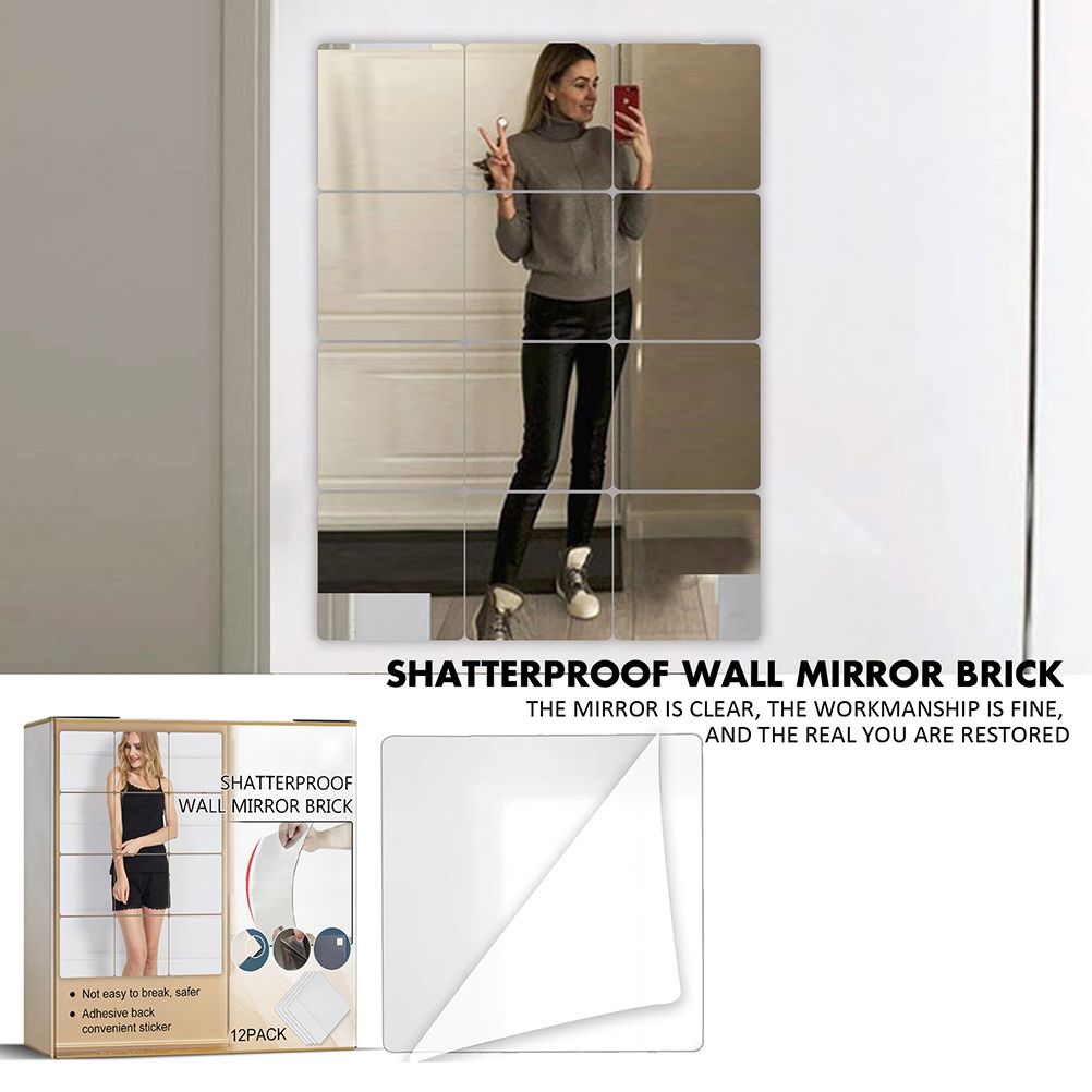 12Pcs Self Adhesive Mirror Tiles Acrylic Thick Shatterproof Mirror Stickers Mirror Sheets for Home Bedroom Living Room Bathroom Wall Decor