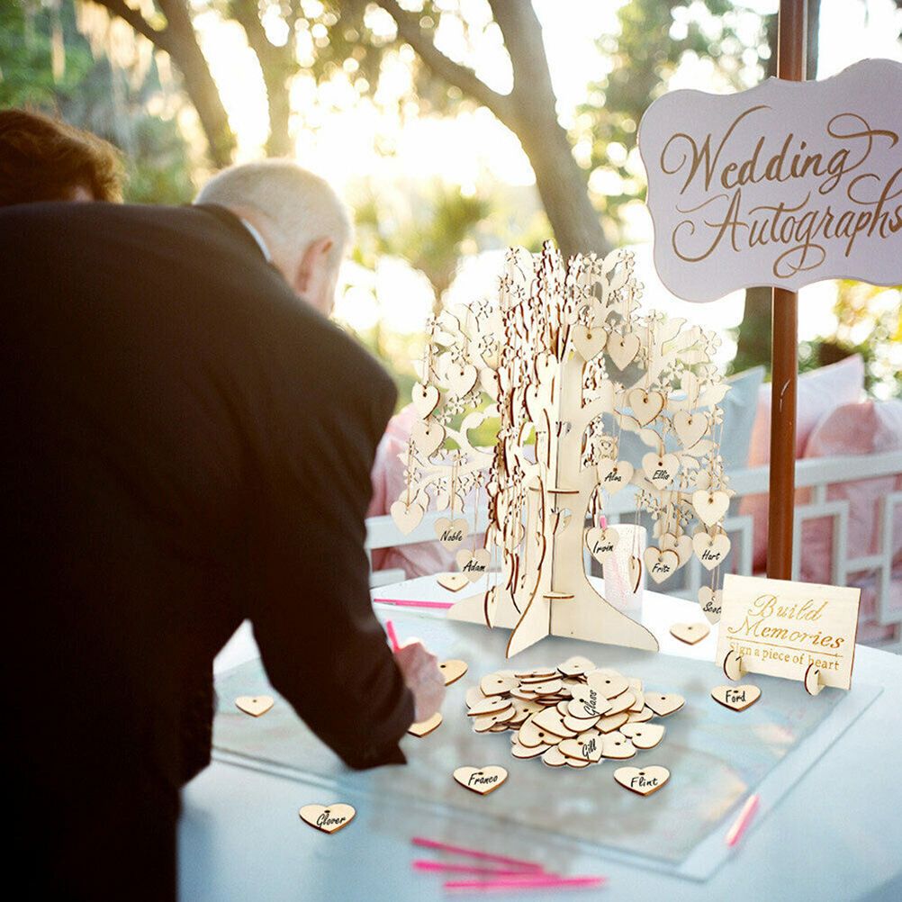 Wood Tree Frame Guest Book with Stand Unique Rustic Wedding Guest Registry with 100pcs Wooden Hearts
