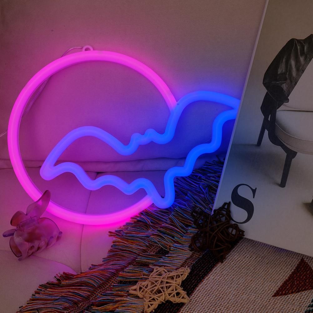 Halloween Neon Signs Moon and Bat LED Neon Lights USB Battery Powered Neon Light Sign for Wall Decor Room Bar Party Kids Gift