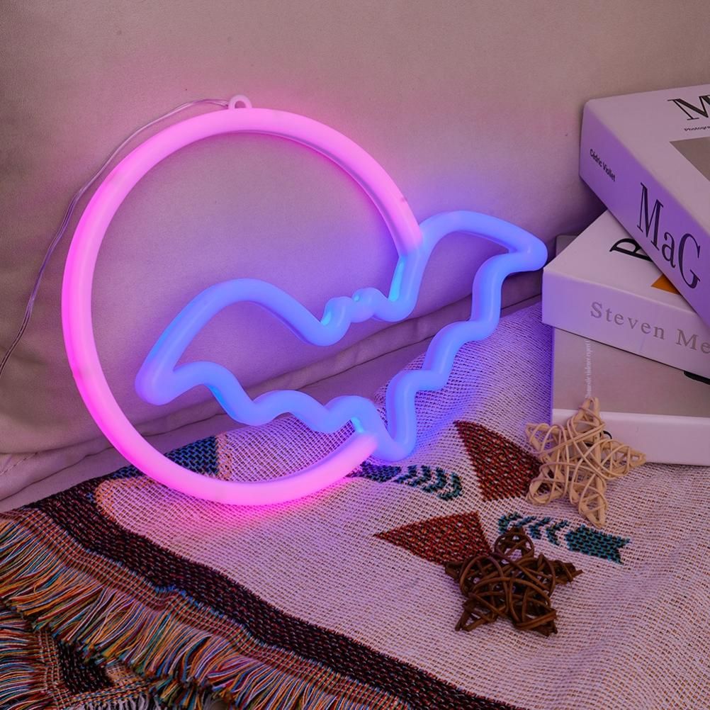 Halloween Neon Signs Moon and Bat LED Neon Lights USB Battery Powered Neon Light Sign for Wall Decor Room Bar Party Kids Gift