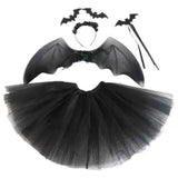4Pcs Girls Halloween Cosplay Costume Dress Up Dress Black Mesh Skirt with Headband Bat Wing Wand Halloween Party Cosplay Props