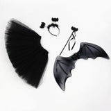 4Pcs Girls Halloween Cosplay Costume Dress Up Dress Black Mesh Skirt with Headband Bat Wing Wand Halloween Party Cosplay Props