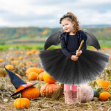 4Pcs Girls Halloween Cosplay Costume Dress Up Dress Black Mesh Skirt with Headband Bat Wing Wand Halloween Party Cosplay Props - Top-Down View