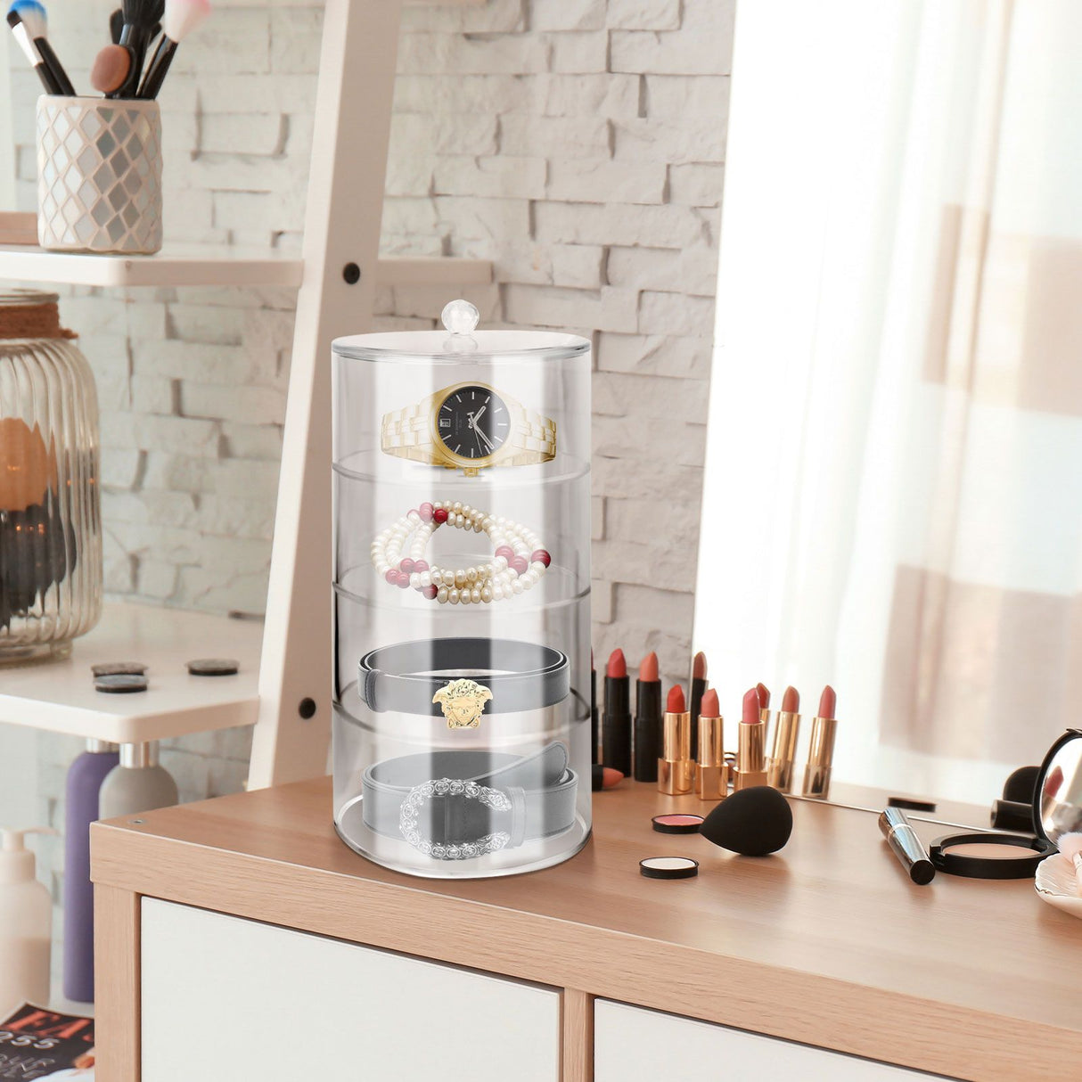 Acrylic Belt Organizer 2 Tiers Transparent 5.5in Diameter Strong Light Belt Display Case