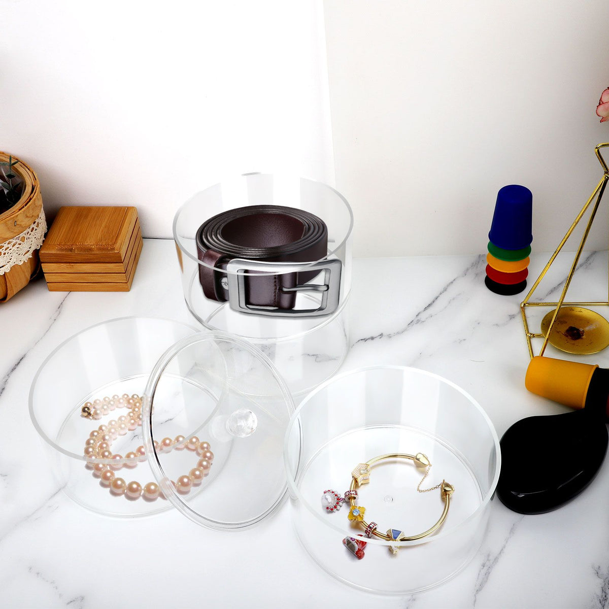 Acrylic Belt Organizer 2 Tiers Transparent 5.5in Diameter Strong Light Belt Display Case
