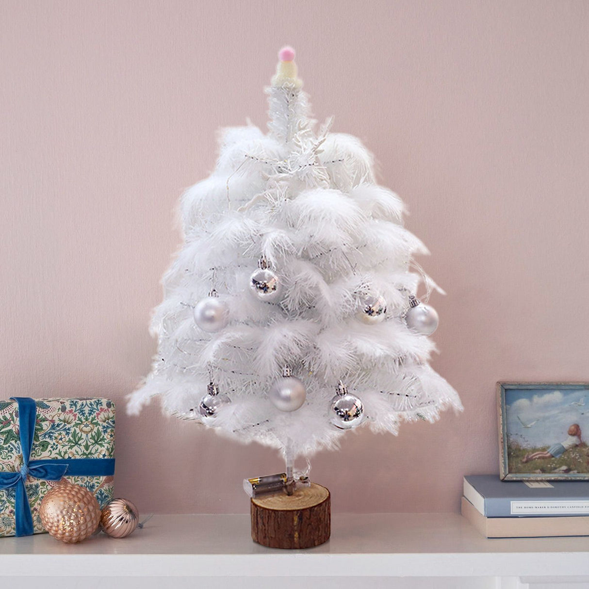 Feather Christmas Tree with Lamp String Artificial Christmas Tree Decoration Simulated Desktop Ornaments for Christmas Home