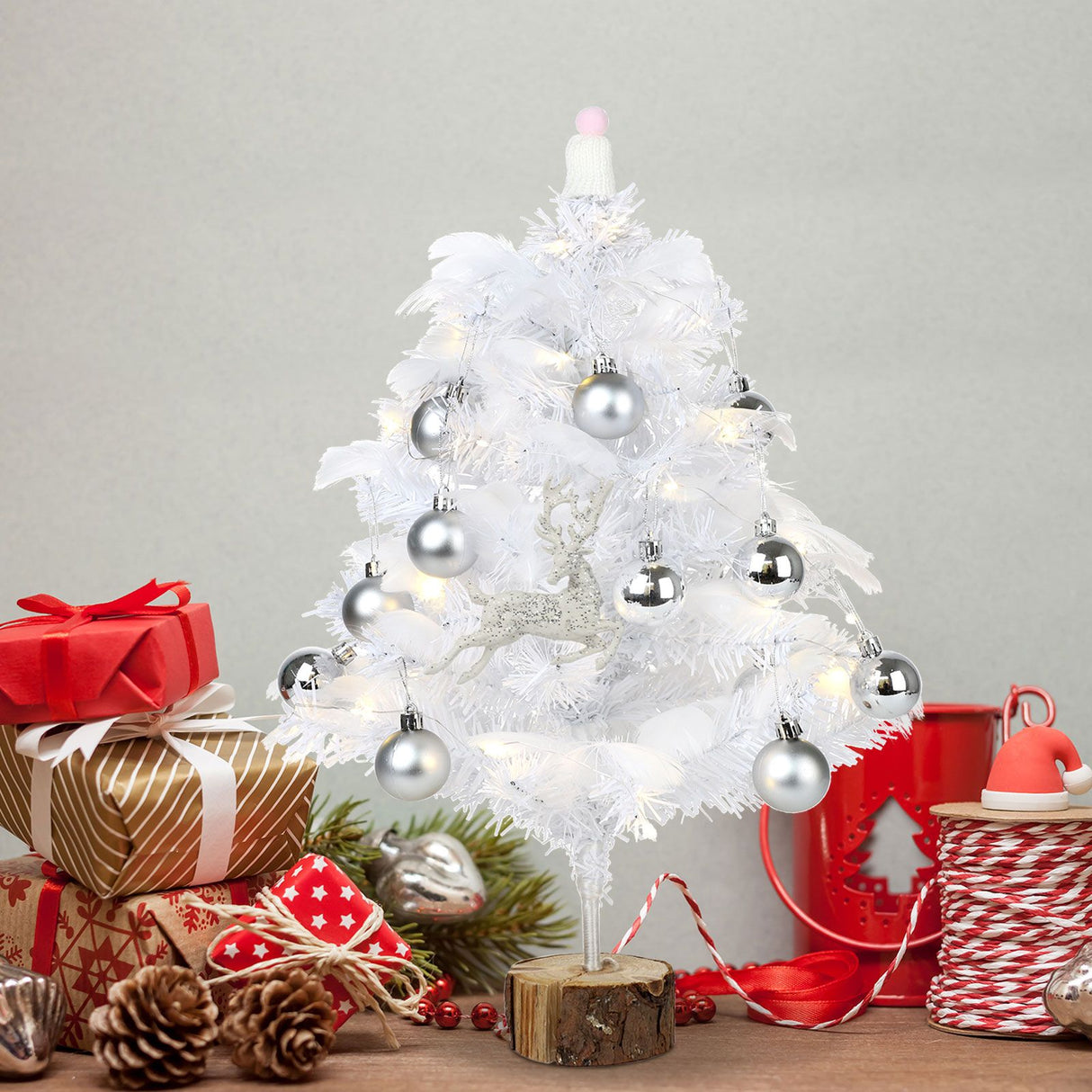 Feather Christmas Tree with Lamp String Artificial Christmas Tree Decoration Simulated Desktop Ornaments for Christmas Home
