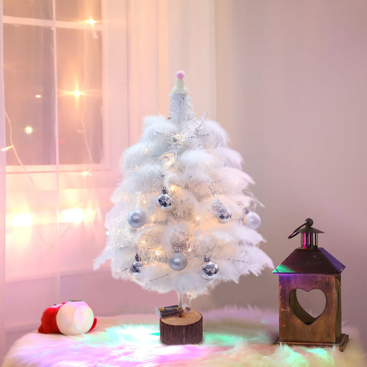 Feather Christmas Tree with Lamp String Artificial Christmas Tree Decoration Simulated Desktop Ornaments for Christmas Home