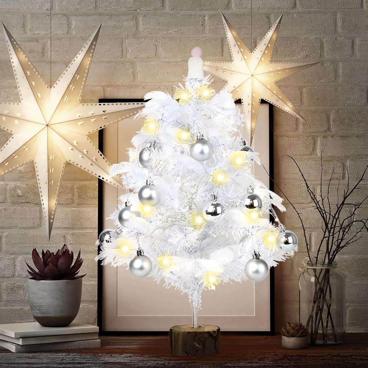 Feather Christmas Tree with Lamp String Artificial Christmas Tree Decoration Simulated Desktop Ornaments for Christmas Home
