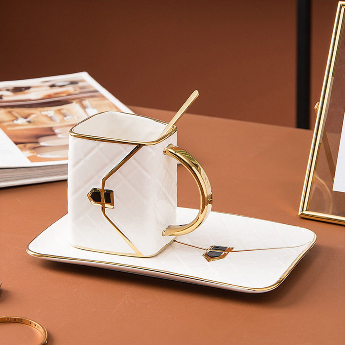 310ML Handbag Shaped Cup With Dish Spoon Ceramic Stylish Coffee Mug