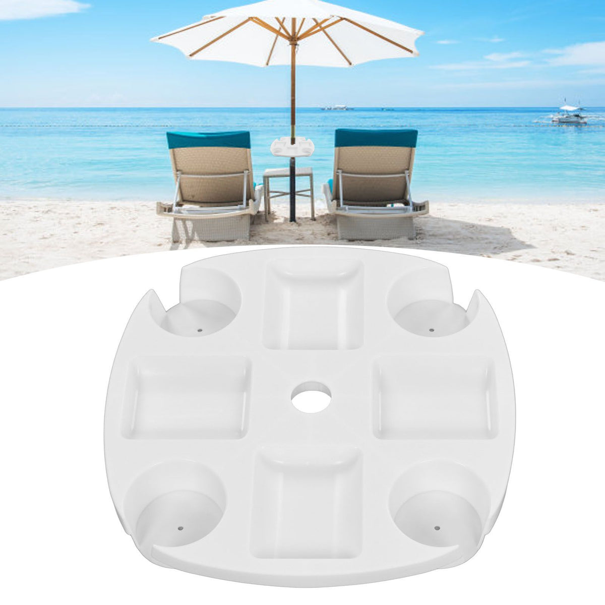 Beach Umbrella Table Tray White Round Umbrella Tray with 4 Cup Holder for Snack Drink