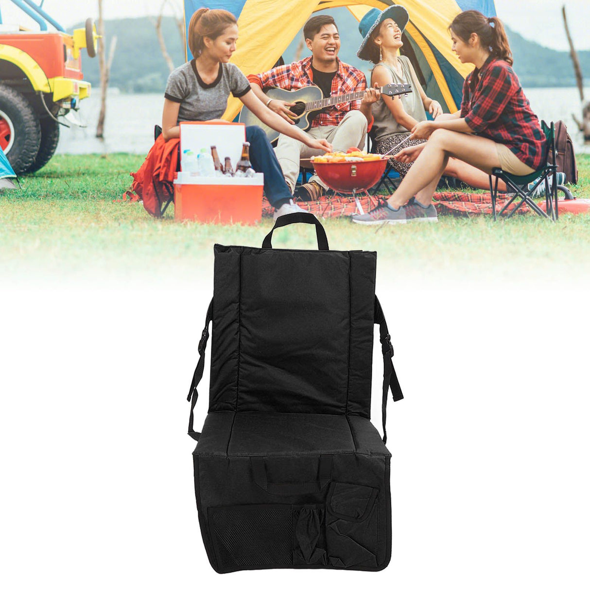 Folding Stadium Chair Adjustable Angle 600D Oxford Cloth Portable Bleacher Cushions with Pocket for Sandbeach Picnic BBQ Black