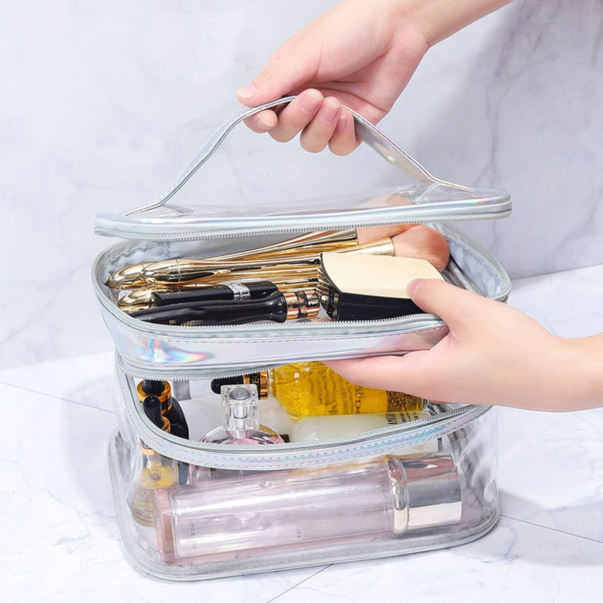Ladies Cosmetic Bag Transparent Double Layer Waterproof High Capacity Toiletry Storage Bag for Travel Pink