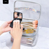 Ladies Cosmetic Bag Transparent Double Layer Waterproof High Capacity Toiletry Storage Bag for Travel Pink - Top-Down View