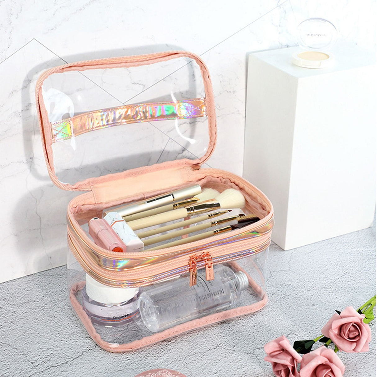 Ladies Cosmetic Bag Transparent Double Layer Waterproof High Capacity Toiletry Storage Bag for Travel Pink