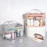 Ladies Cosmetic Bag Transparent Double Layer Waterproof High Capacity Toiletry Storage Bag for Travel Pink