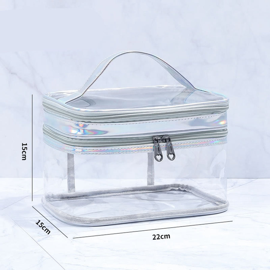 Ladies Cosmetic Bag Transparent Double Layer Waterproof High Capacity Toiletry Storage Bag for Travel Silvery Grey