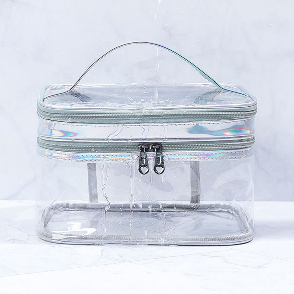 Ladies Cosmetic Bag Transparent Double Layer Waterproof High Capacity Toiletry Storage Bag for Travel Silvery Grey