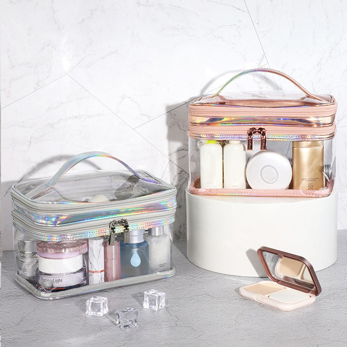 Ladies Cosmetic Bag Transparent Double Layer Waterproof High Capacity Toiletry Storage Bag for Travel Upgrade Rhombus Black