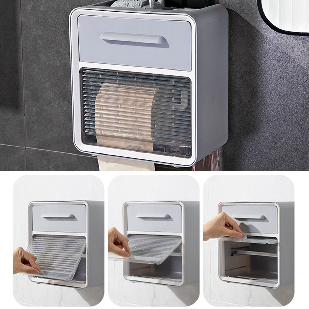 Toilet Paper Roll Box Waterproof Wall Mount Toilet Tissue Holder No Punch Bathroom Tissue Roll Box Double Layer Grey