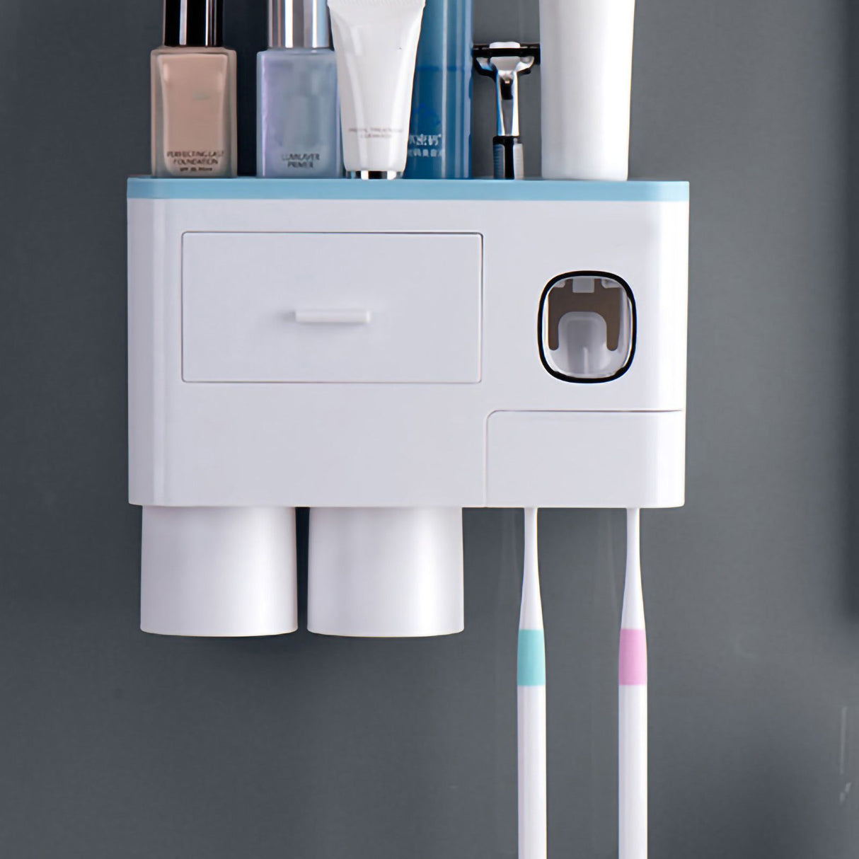 Toothbrush Storage Rack Inverted Magnetic Adsorption Toothbrush Holder Toothpaste Squeezer 2 Blue Cups