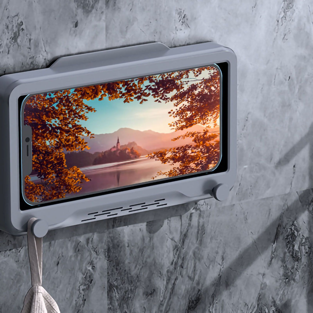 Waterproof Cell Phone Case Shower Phone Holder Wall Hanging Free Punch 360 Degree Rotation Touch Screen For Bathroom Kitchen Grey