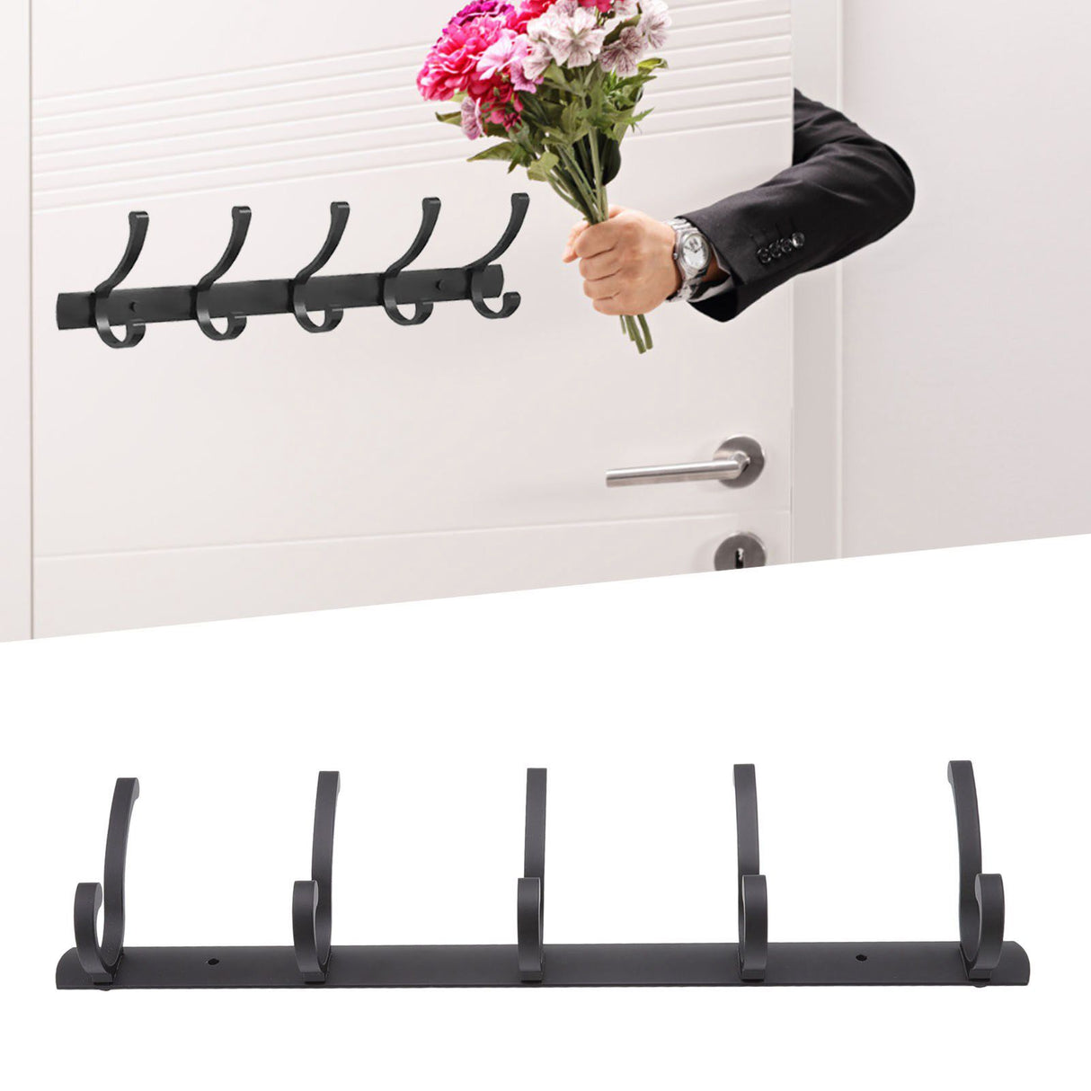 Door Hanging Hooks Modern Minimalist Black 5 Hooks Wall Mounted Thickened Aluminum Bathroom Door Row Hooks Coat Hooks
