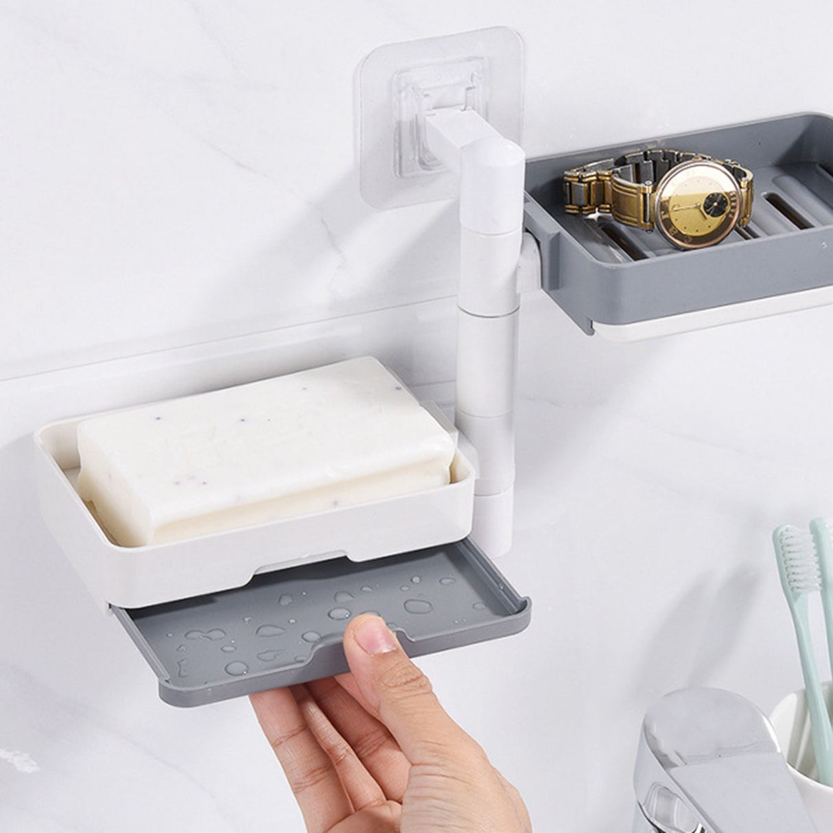 Rotatable Wall Mounted Soap Box 3 Layers HIPS Punch Free Rotatable Soap Container Dish for Household White and Gray Mixed