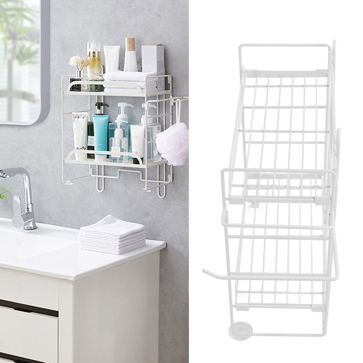 Toilet Storage Shelves Iron Wall Mounted 2 Layers Foldable Grid Home Decoration with Hooks for Bathroom White