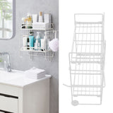 Toilet Storage Shelves Iron Wall Mounted 2 Layers Foldable Grid Home Decoration with Hooks for Bathroom White